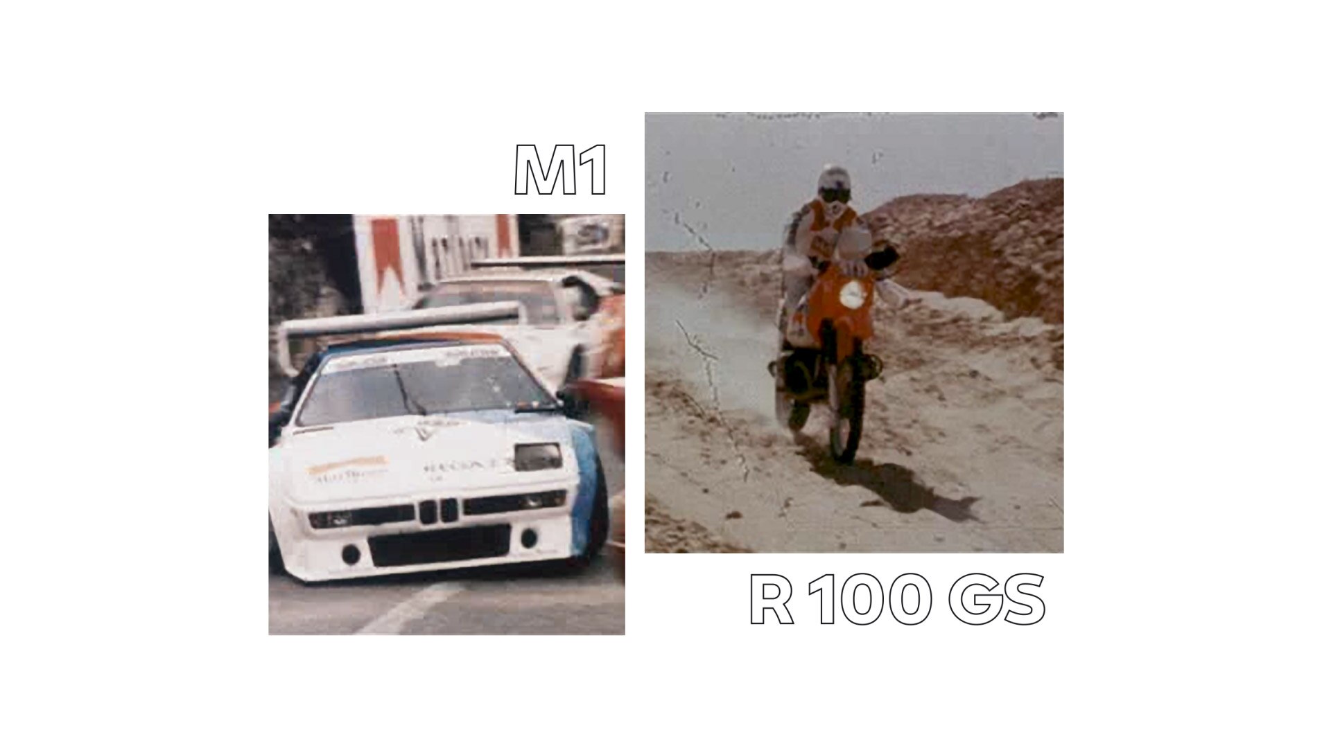 Vasakul ajalooline foto BMW M1-st, paremal legendaarne Pariisi-Dakari ralli mootorratas.