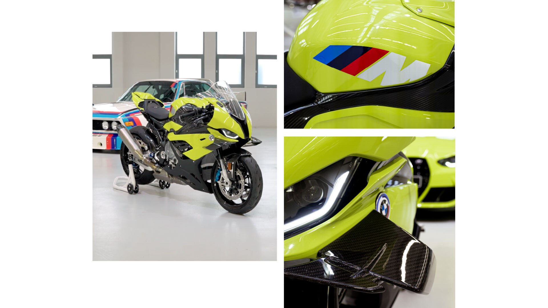 M RR 50 Years M eestvaates. Tiivaotsad on selgelt nähtavad. BMW M-i logo oma ikoonilise sinist, tumesinist ja punast värvi logoga nõjatub dünaamiliselt vastu valget M-i