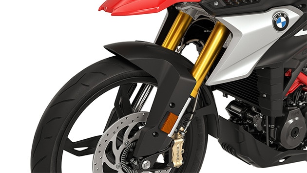 Näeme G 310 GS-i kuldset anodeeritud pöördasendis kahvlit.
