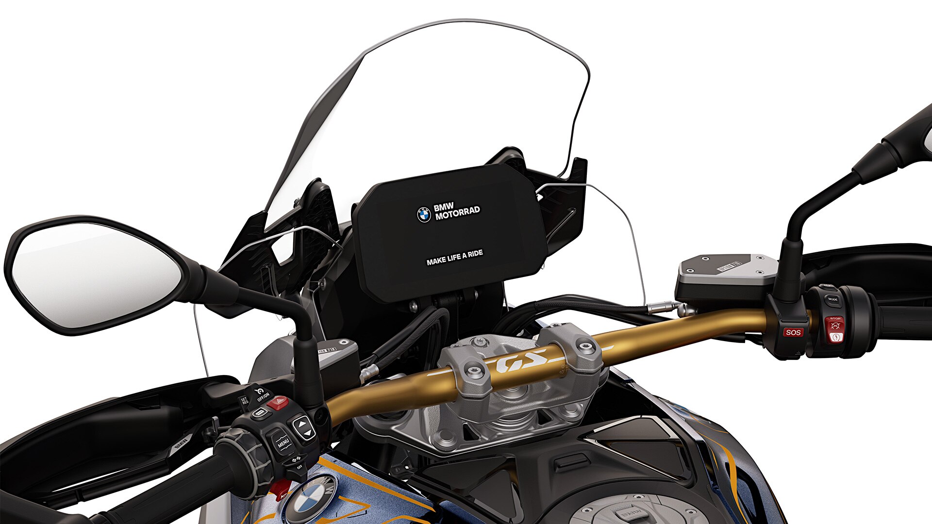 The golden handlebars of the R 1300 GS Option 719 Biscaya