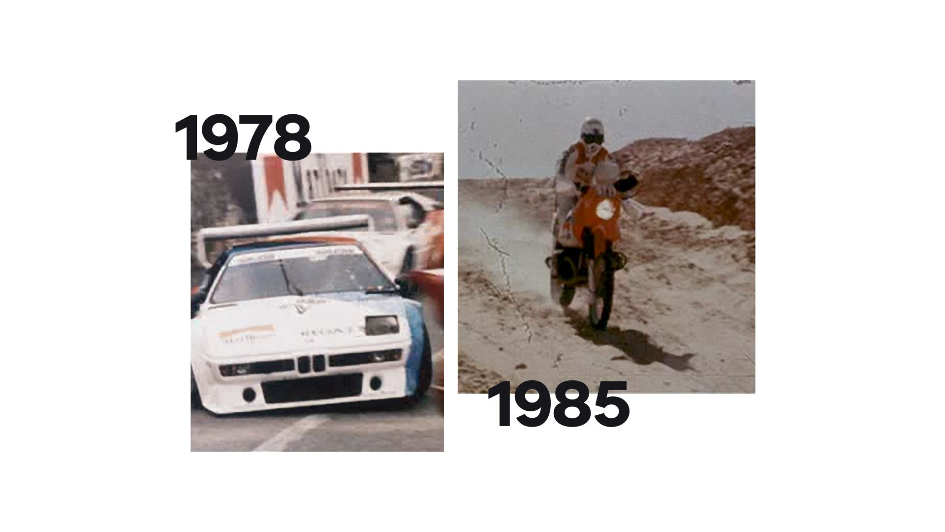 Vasakul on ajalooline foto BMW M1-st, paremal legendaarne Pariisi-Dakari ralli mootorratas.